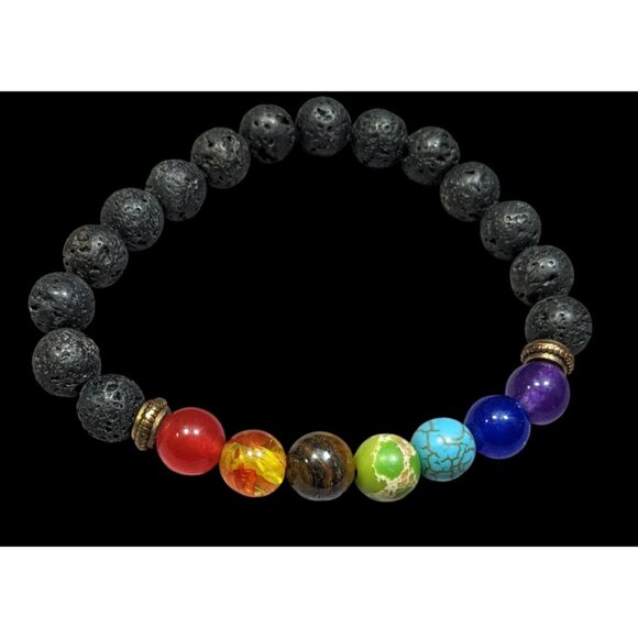 Chakra Rainbow Gemstone And Volcanic Rock Beaded Stretch Bracelet - Picture 2 of 4